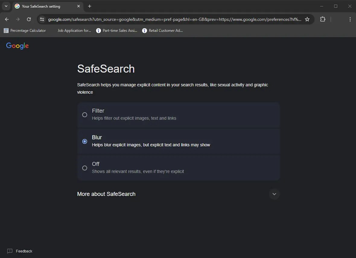 How to turn off/on SafeSearch and adjust the SafeSearch settings