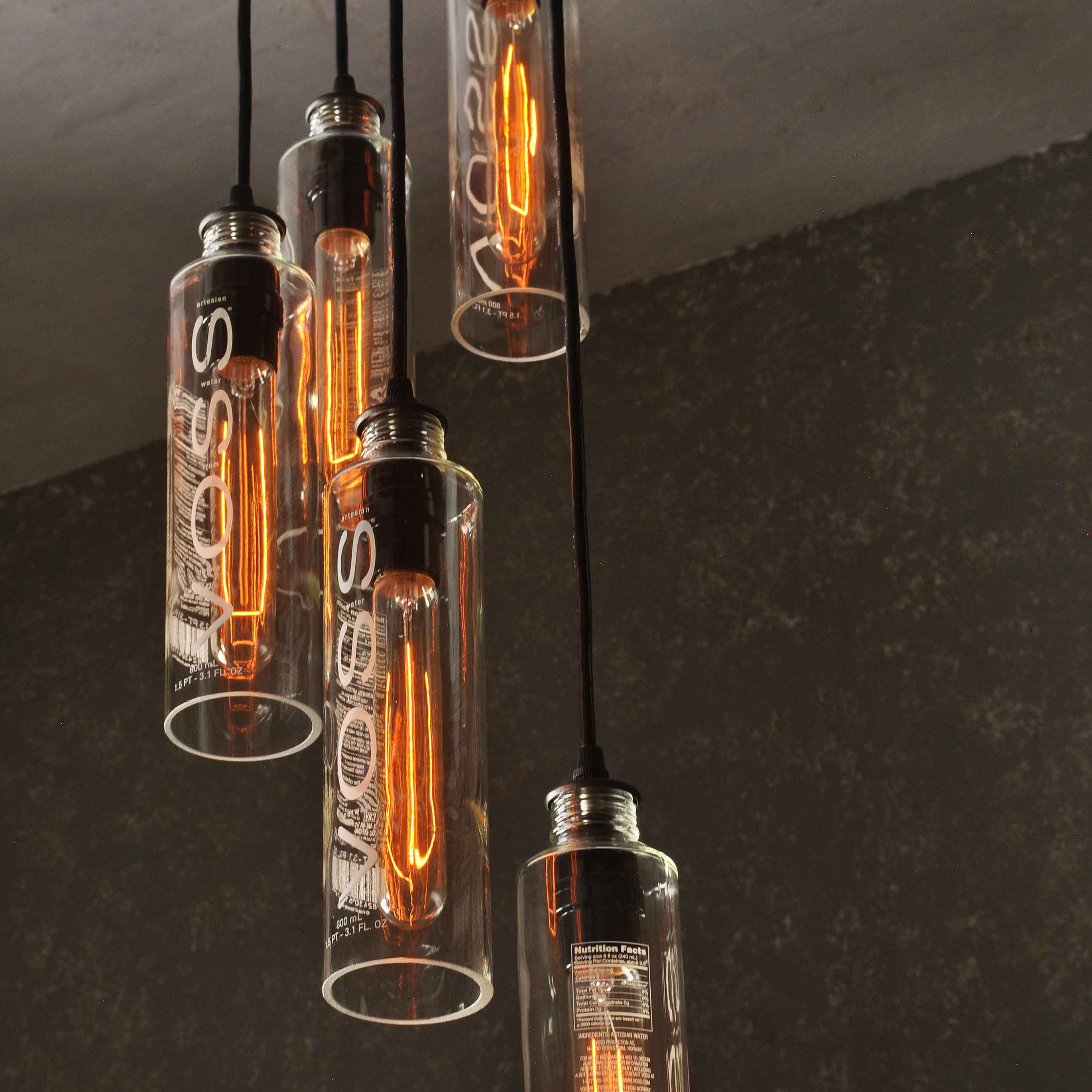 5 Light Recycled Voss Water Bottle Chandelier With Vintage Style Edison