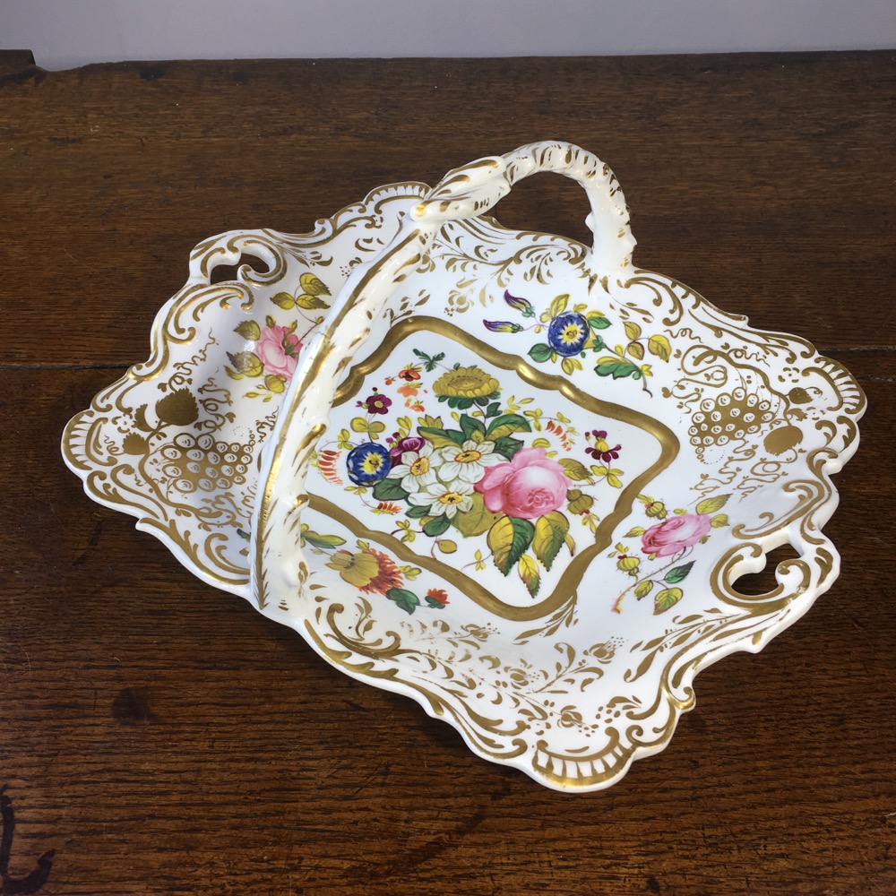 English bone china ‘basket’ dish, flowers & gilt, c. 1830 Moorabool