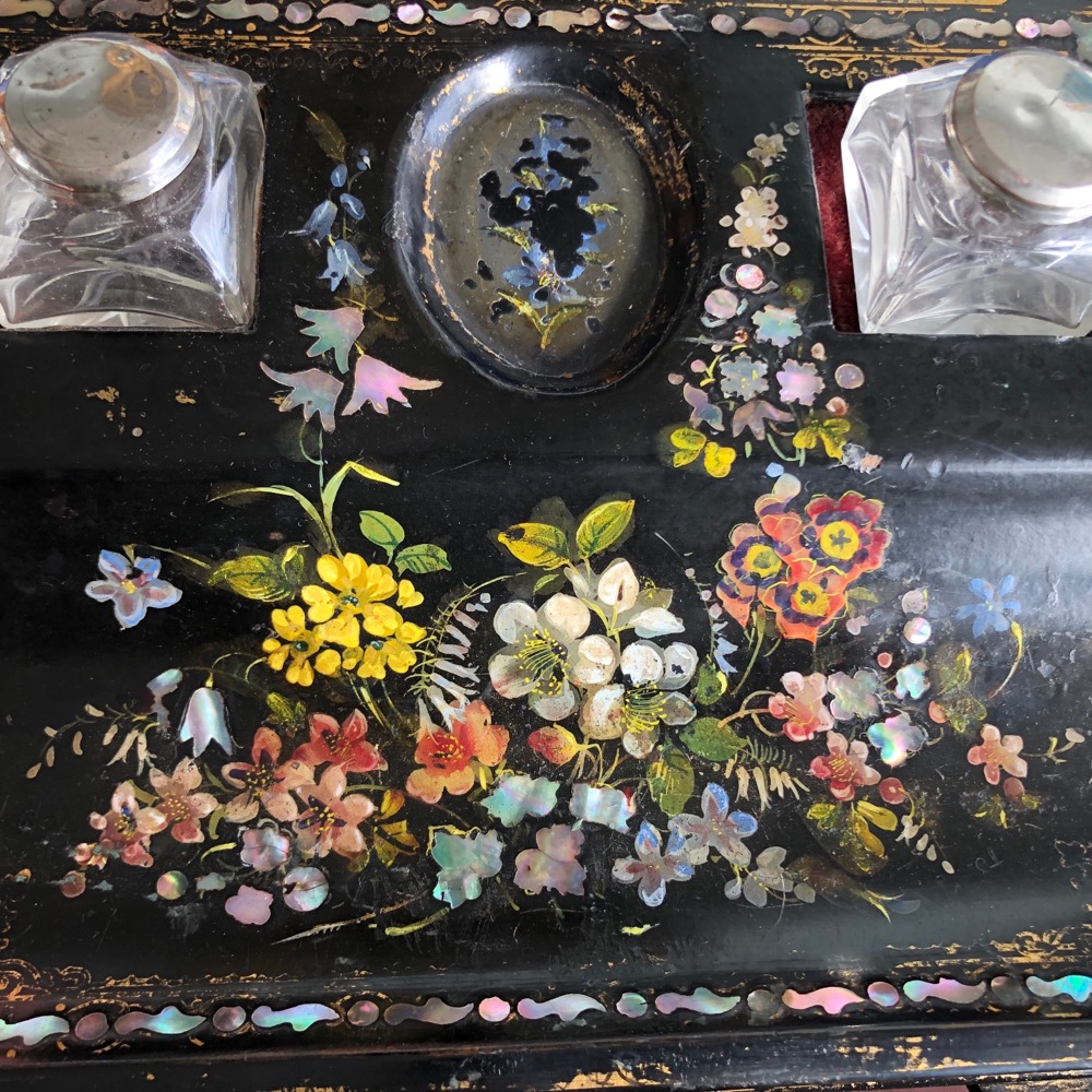 Papier Mache desk set, flowers & motherofpearl, c. 1860 Moorabool
