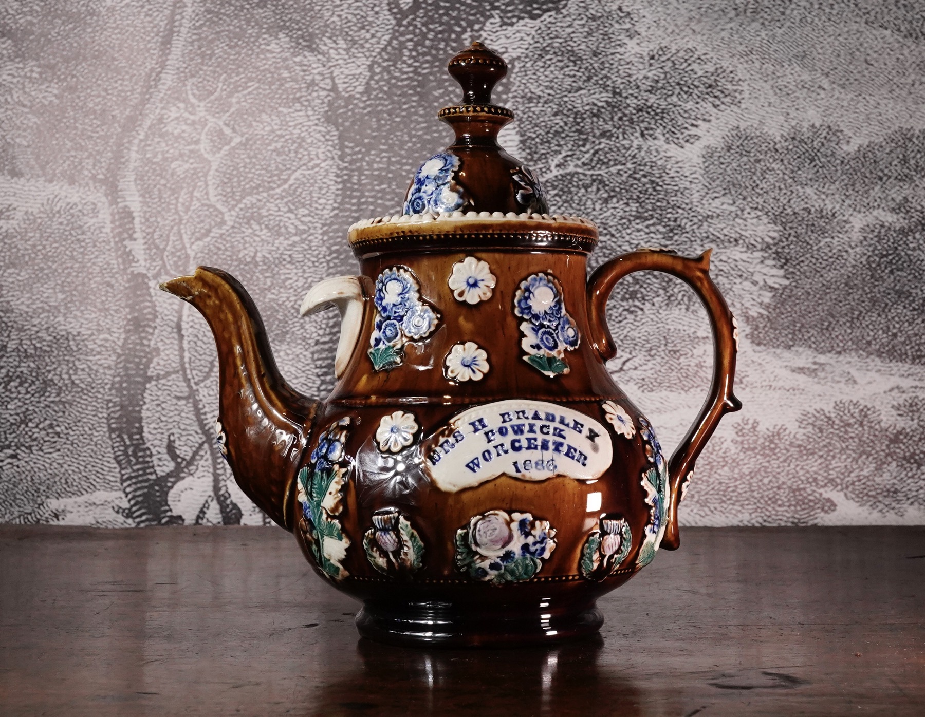 Measham ‘Bargeware’ large teapot, MRS H BRADLEY, WORCESTER 1886 Moorabool Antique Galleries