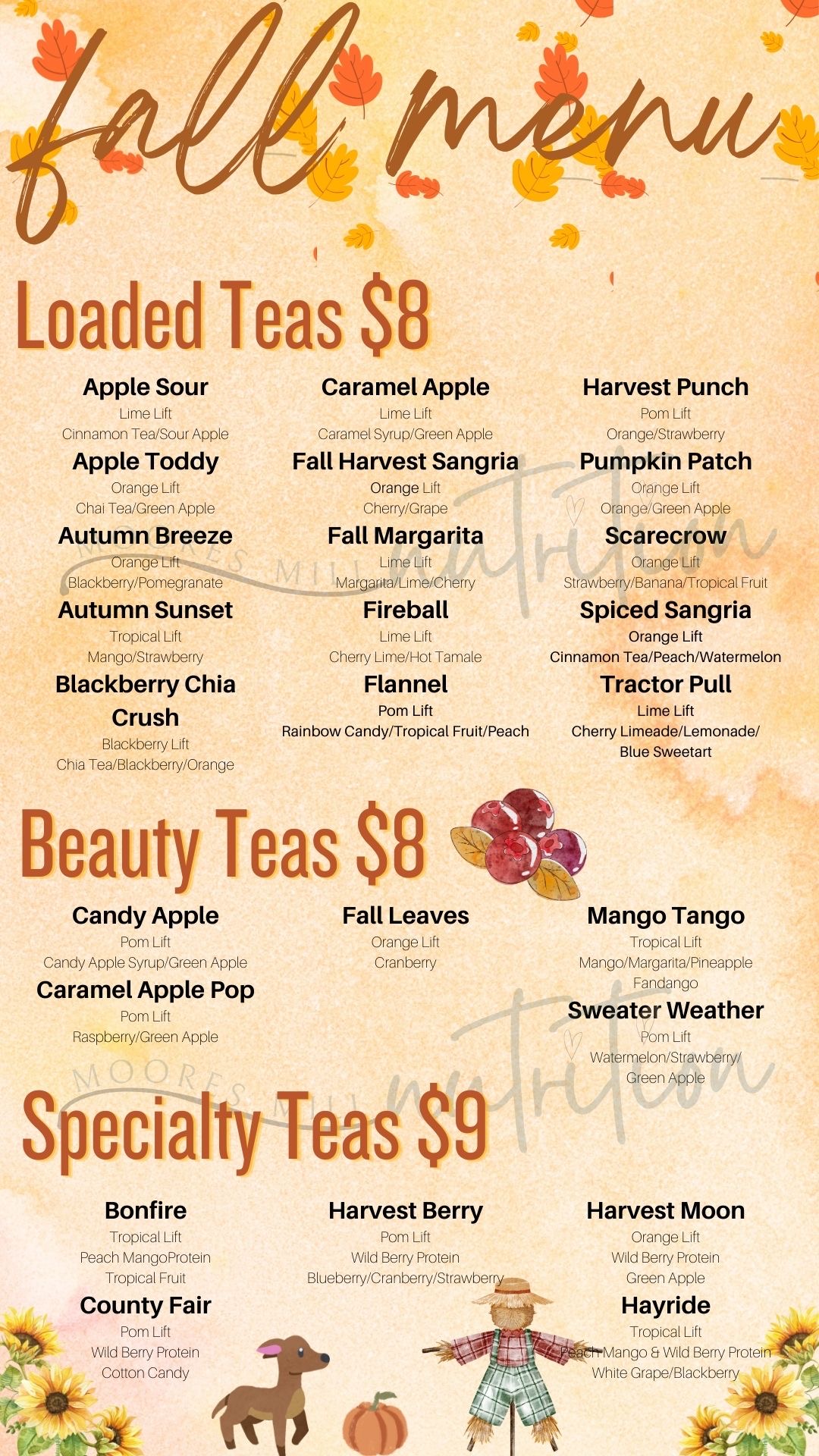 Menu Moores Mill Nutrition Loaded Teas, Shakes and More!