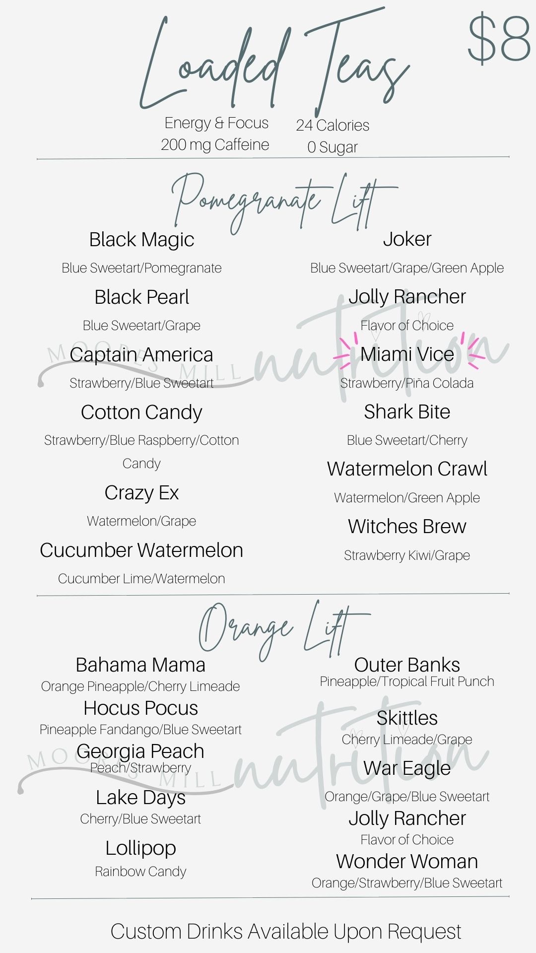 Menu Moores Mill Nutrition Loaded Teas, Shakes and More!