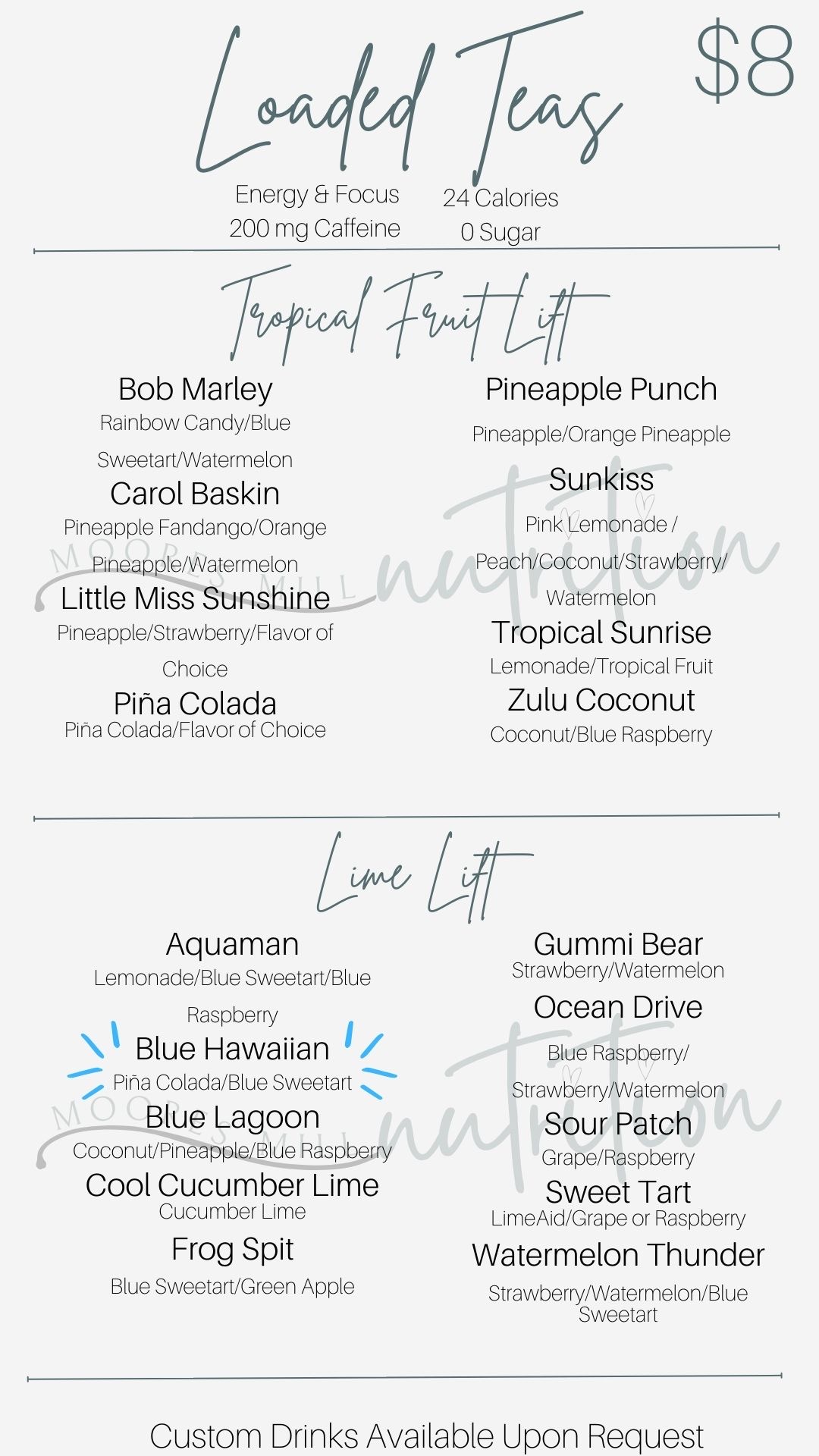 Menu Moores Mill Nutrition Loaded Teas, Shakes and More!