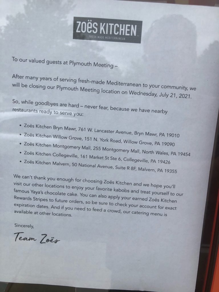 Zoës Kitchen closing at the Plymouth Meeting Mall MoreThanTheCurve