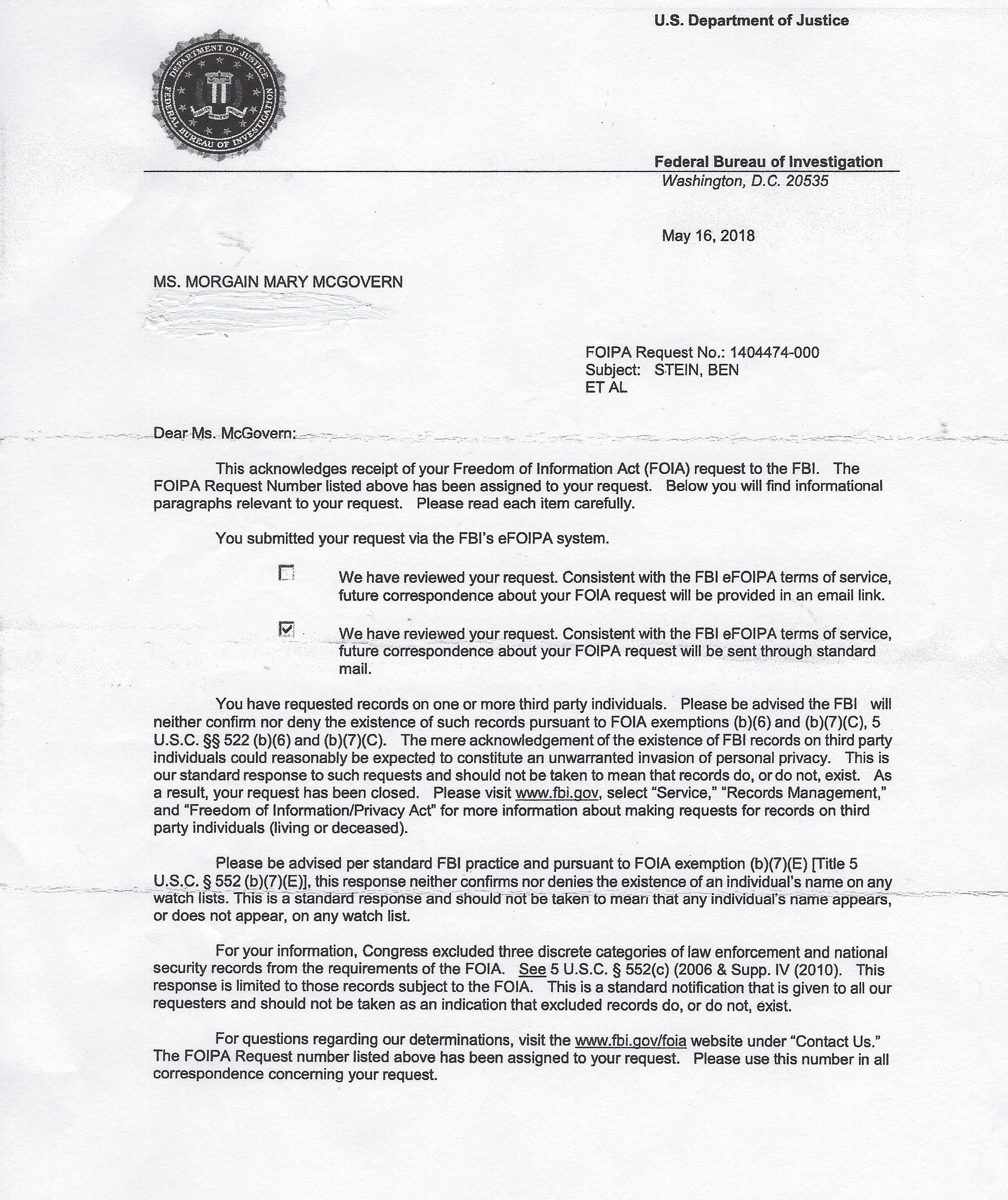Letter to Superior Court Judge, Ben Stein, Jim Clemente, Birch and