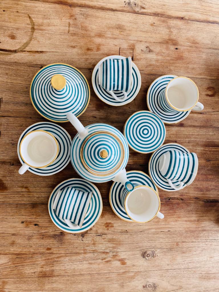 Traditional Tea Set Handmade Asfi Blue Stripes Moroccan Pottery