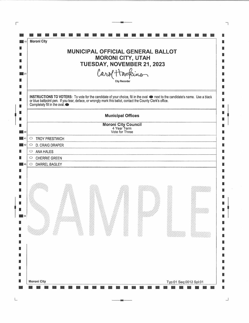 Moroni City Ballot for the November 21, 2023 Election Moroni City