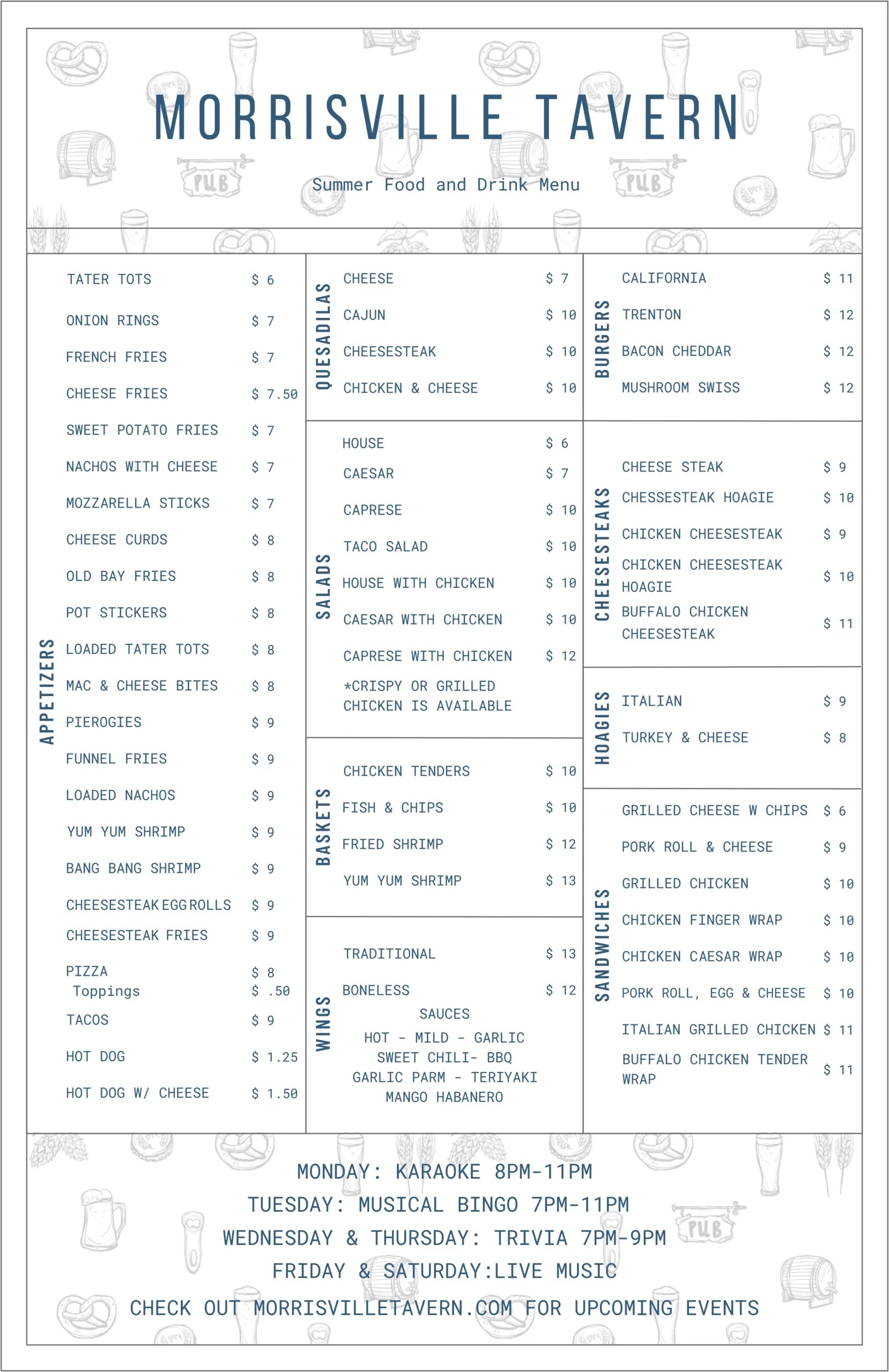 Morrisville Tavern Menu Morrisville Tavern