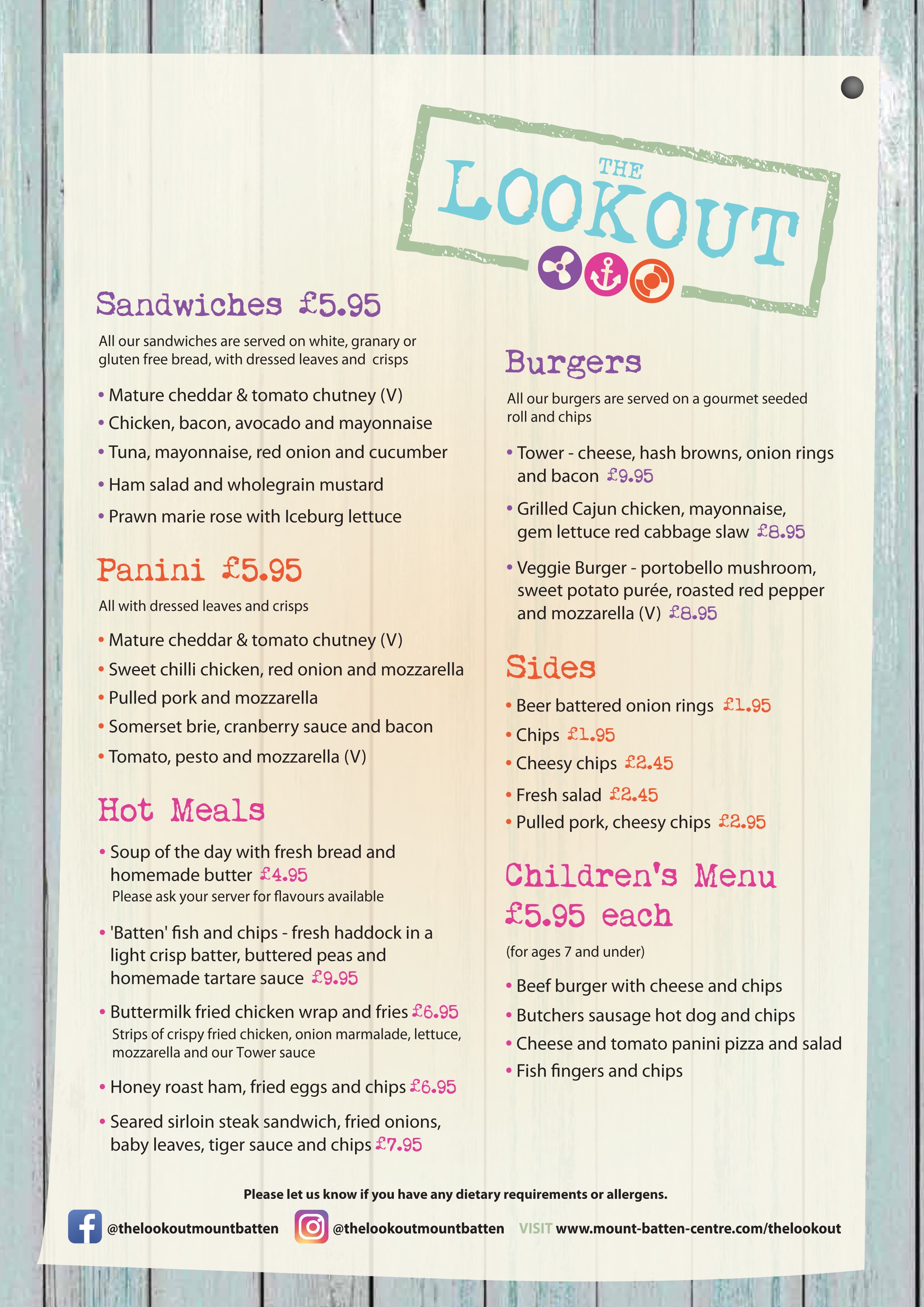 The Lookout summer 2019 menu Mount Batten Centre