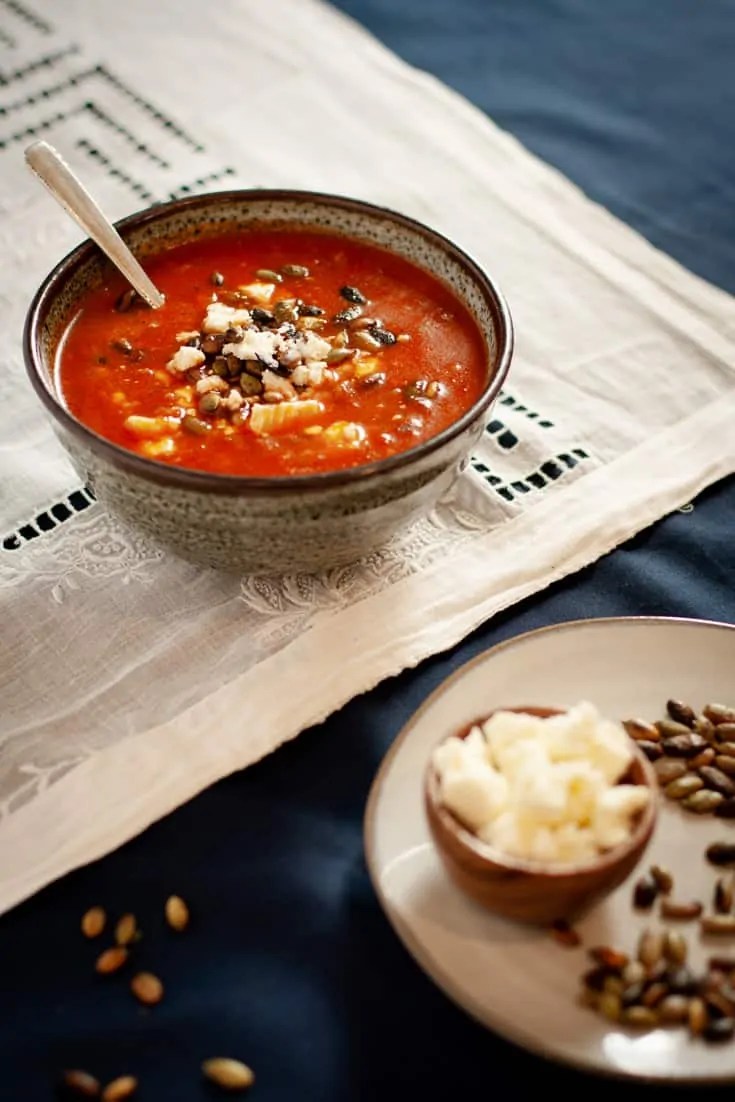 Ultimate Roasted Red Pepper Soup With Toasted Pumpkin Seeds & Feta