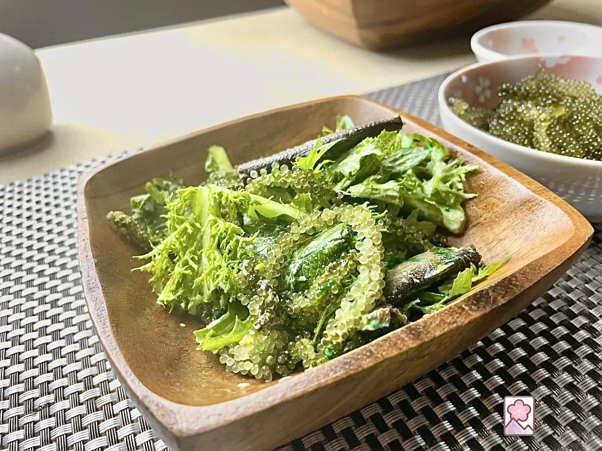 Sea Grape and Smoked Sardine Salad with Wasabi Dressing Mountain Plums