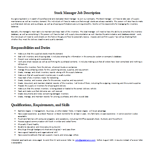 Stock Manager Job Description Mous Syusa
