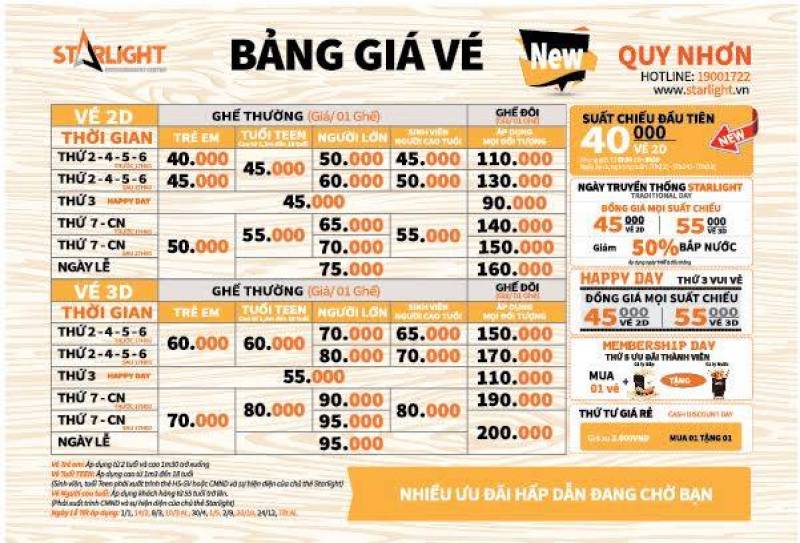 Starlight Quy Nhơn Lịch chiếu, Giá vé