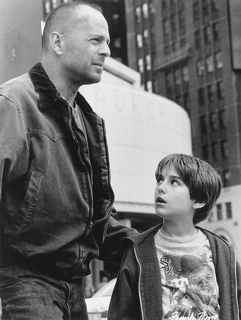 Bruce Willis and Miko Hughes in a Black & White promotional still photo for Mercury Rising (1998)