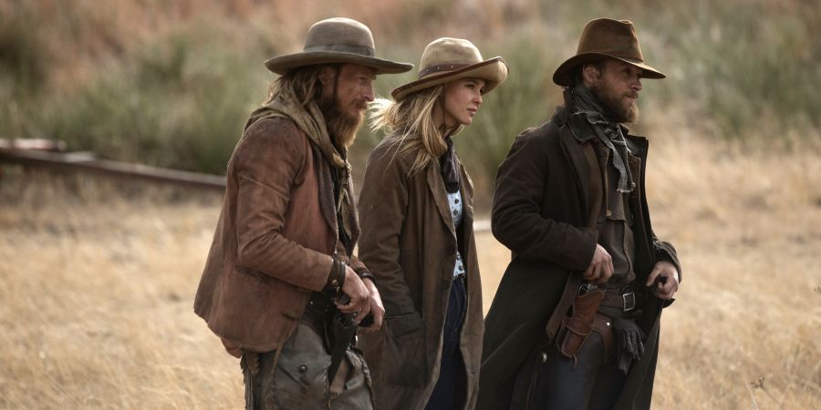 (L-R) James Landry Hérbert as Wade, Isabel May as Elsa Dutton, and Noah Le Gros as Colton in a scene from the Paramount+ original series 1883, Created and written by Taylor Sheridan. Photo Cr: Paramount+ © 2022 MTV Entertainment Studio