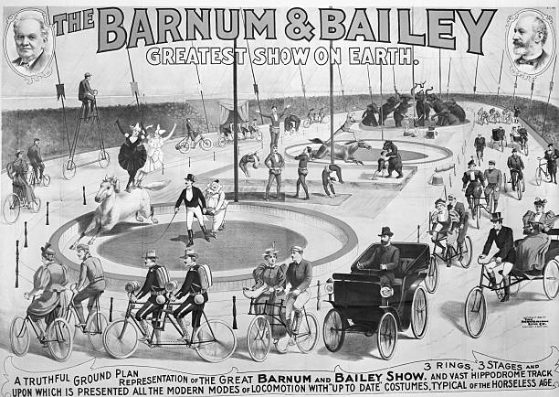 Barnum and Bailey Circus advertisements showing the three rings in the big top and a composite picture of all the acts performed. Litho, 1896.