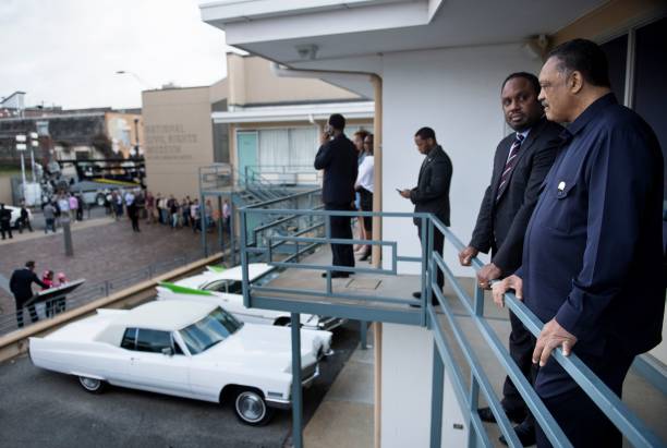 Rev. Jesse Jackson visits the balcony outside room 306 at the Lorraine Motel, where Martin Luther King Jr. was assassinated, is seen on the grounds of the National Civil Rights Museum, April 3, 2018 in Memphis, Tennessee. - King was assassinated 50 years ago on April 4, 1968, as he stepped to the balcony. (Photo by Brendan Smialowski / AFP) (Photo credit should read BRENDAN SMIALOWSK