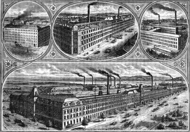 Factories of the Singer Sewing Machine company. Top left. Cabinet works at Govan, Glasgow, Scotland. Centre top. Factory at Glasgow, Scotland. Top right. Factory at South Bend, Indiana, usa. Bottom. Factory at Elizabethport, New Jersey, usa. From "Great Industries of Great Britain" (London, c1880). Engraving. (Photo by: Ann Ronan Picture Library/Photo12/Universal Images Group via Getty Images)