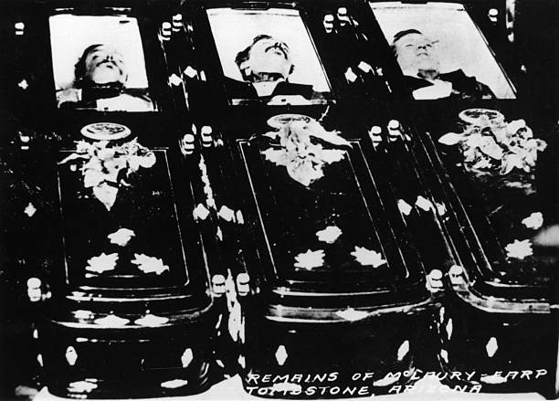 The bodies of, from left to right, Tom McLaury (or McLowry), Frank McLaury (or McLowry) and Billy Clanton. These three members of the 'Clanton Gang' were shot by Wyatt Earp, his brothers Virgil and Morgan and Doc Holiday during the 'Gunfight at OK Corral' on 26th October 1881, Tombstone, Arizona. Original Artwork: Arizona Historical Society Library (Photo by Hulton Archive/Getty Images)