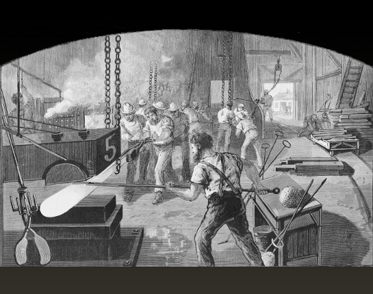 The burgeoning factory system boomed in the cities. For the first time, more Americans were living in cities than on farms. In the newly industrialized economy, millions of Americans worked in factories where fourteen-hour days, harrowing conditions, and starvation wages were common. Photo Credit: Corbis/PBS.com