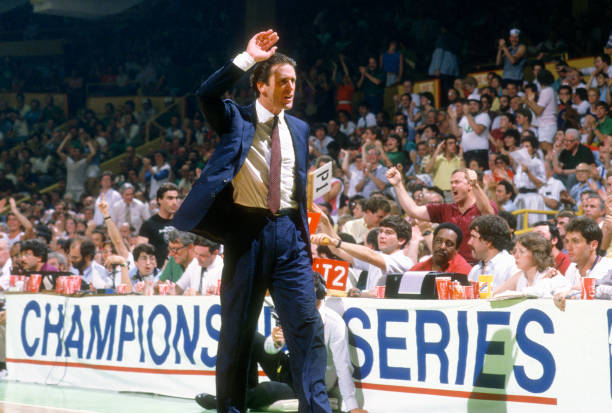 Head Coach  Pat Riley of the Los Angeles Lakers looks on against the Boston Celtics during an NBA basketball game circa 1984 at the Boston Garden in Boston, Massachusetts. Riley coached the Lakers from 1981-1990. (Photo by Focus on Sport/Getty Images)