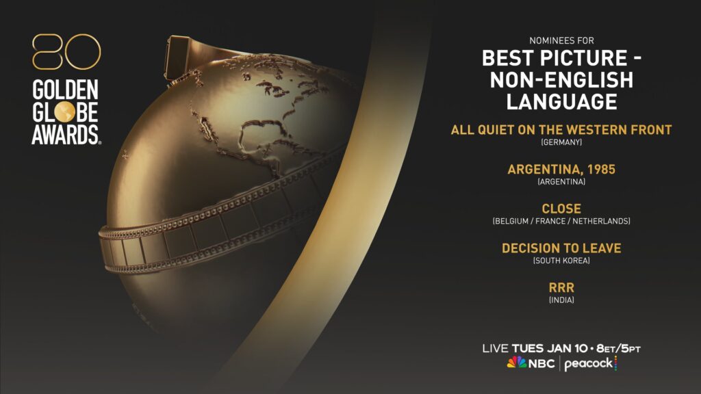 The nominees for Best Picture-Non-English Language are:
All Quiet on the Western Front (Germany)
Argentina, 1985 (Argentina)
Close (Belgium)
Decision to Leave (South Korea)
RRR (India)
Photo Credit: Golden Globe Awards Twitter