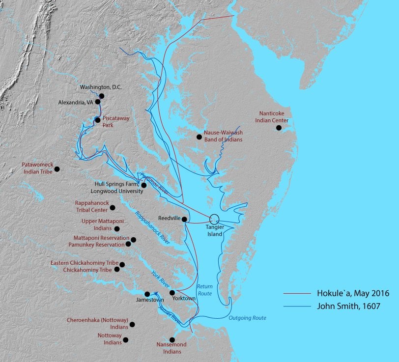 Map showing the 1607 voyage of John Smith, the May 2016 voyage of Hōkūleʻa with ports visited, and the location of contemporary Indian tribes. Photo Credit: RDK Herman