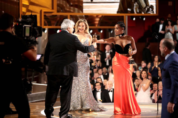 In this handout photo provided by A.M.P.A.S., Best Sound winner for "Top Gun: Maverick," Mark Weingarten, Kate Hudson and Janelle Monáe are seen frombackstage during the 95th Annual Academy Awards on March 12, 2023 in Hollywood, California.
Photo Credit: Al Seib/A.M.P.A.S. via Getty Images