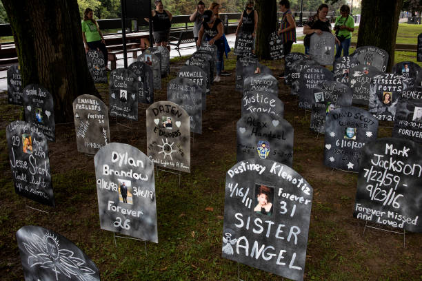 The opioid addiction support group Truth Pharm builds a memorial for people who have overdosed from opioids to mark International Overdose Awareness Day on August 21, 2021 in Binghamton, New York. Family members of the dead gathered to grieve their lost loved ones and to call for drug reform policies and the prosecution of the Sackler family which manufactured and marketed Oxycontin. 

Photo Credit: Andrew Lichtenstein/Corbis via Getty Images