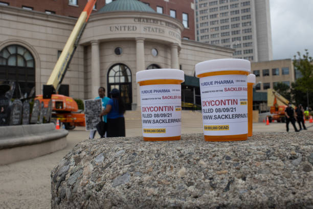 Friends and family members of people who have died during the opioid epidemic protest against a bankruptcy deal with Purdue Pharmaceuticals that allows the Sackler family to avoid criminal prosecution and to keep billions of dollars in private wealth, on August 9, 2021 outside the Federal courthouse in White Plains, New York. For decades the Sackler family, which owned Purdue, knowingly marketed highly addictive painkillers, including Oxycontin. 

Photo Credit: Andrew Lichtenstein/Corbis via Getty Images