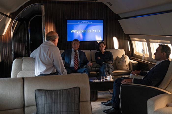 From left, Peter Friedman, David Rasche, Dagmara Domińczyk, and Matthew Macfadyen in a scene from the fourth season of HBO's "Succession." Photo Credit: HBO