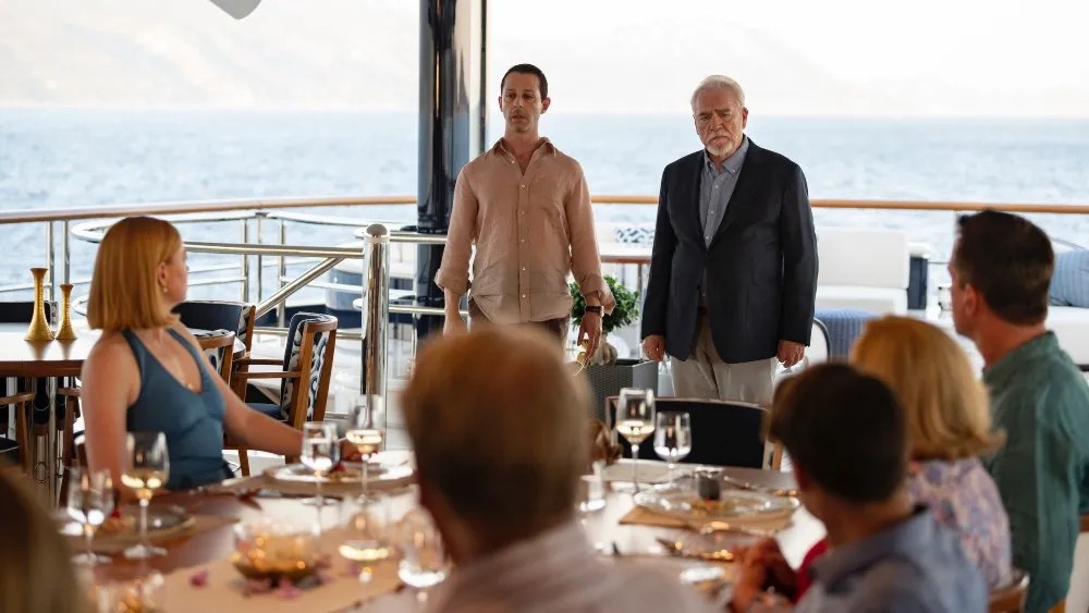 (L to R) Sarah Snook, Jeremy Strong, Brian Cox, Matthew Macfadyen, Kieren Culkin, and David Rasche in a scene from Season 2 of "Succession" (2019)