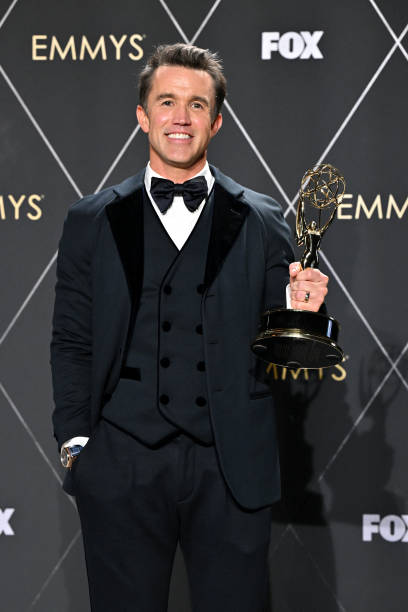 US actor and writer Rob McElhenney poses in the press room with the Outstanding Unstructured Reality Program award for "Welcome To Wrexham" during the 75th Emmy Awards at the Peacock Theatre at L.A. Live in Los Angeles on January 15, 2024. Photo Credit: Robyn Beck/AFP via Getty Images