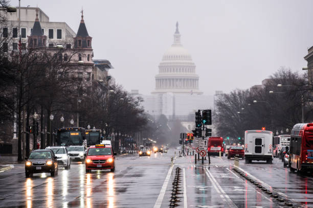 Dreary January weather on a busy street in Washington, DC, USA Phot Credit: Getty Images