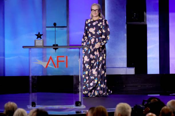 Meryl Streep speaks onstage during the 49th Annual AFI Life Achievement Award Honoring Nicole Kidman at Dolby Theatre on April 27, 2024 in Hollywood, California. Photo by Kevin Winter/Getty Images for Warner Bros. Discovery