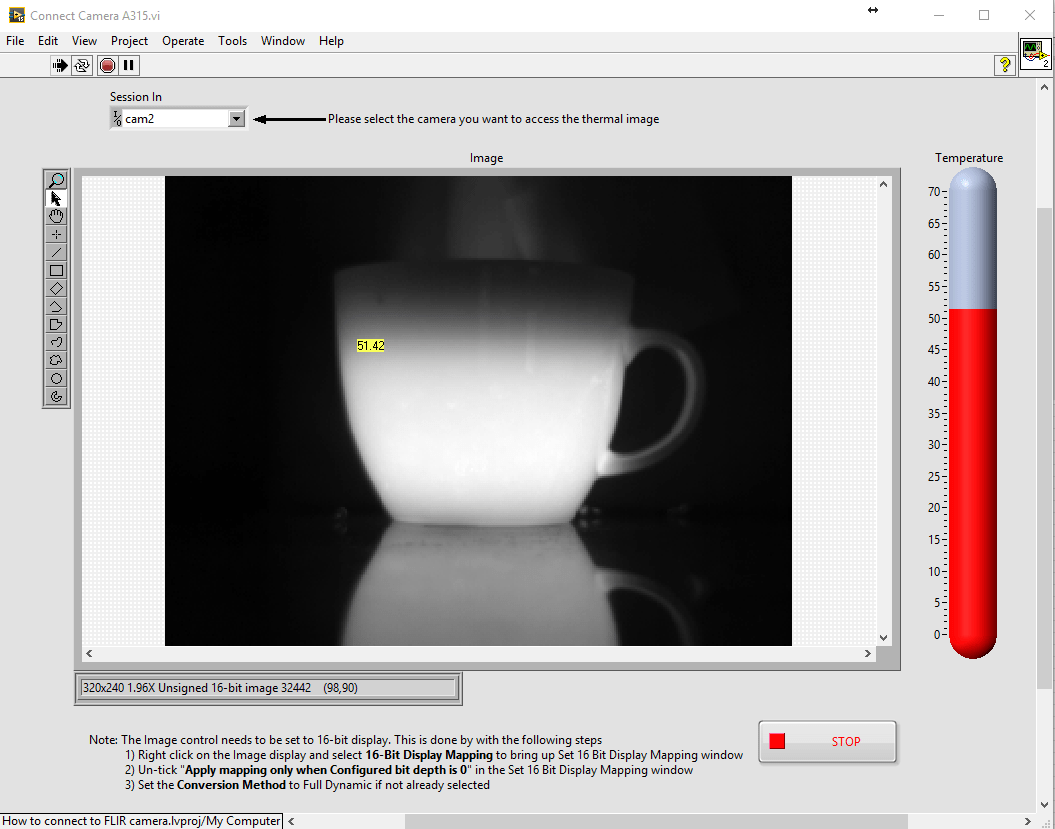 How to grab an image from a FLIR A315 using LabVIEW MoviTHERM