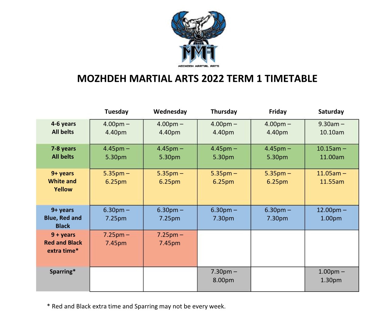 Timetable Mozhdeh Martial Arts NZ