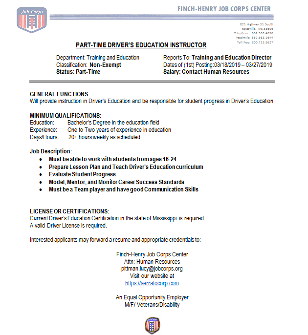 PartTime Driver’s Education Instructor & Brick Layer positions in