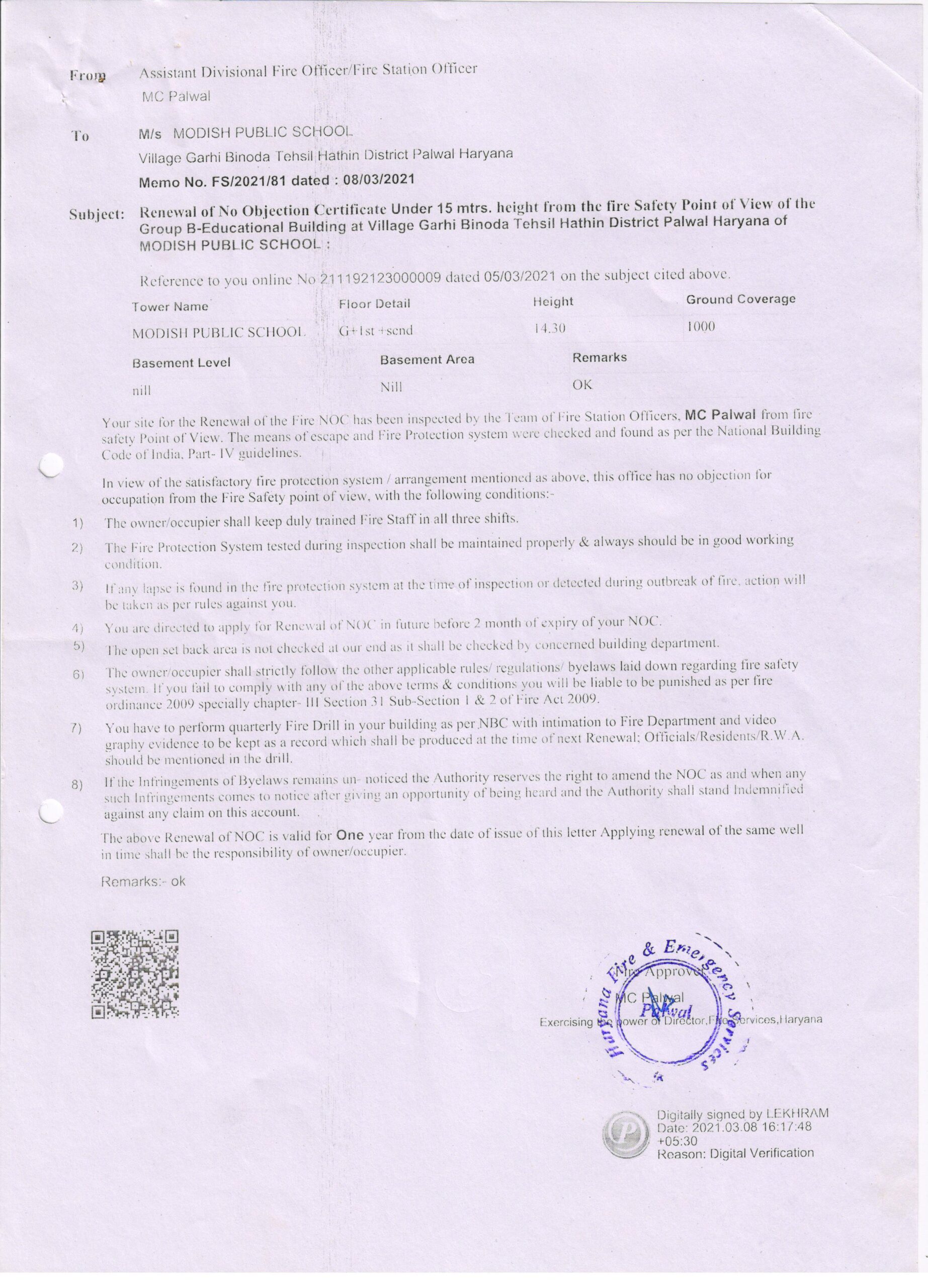 Fire Safety Certificate Modish Public School