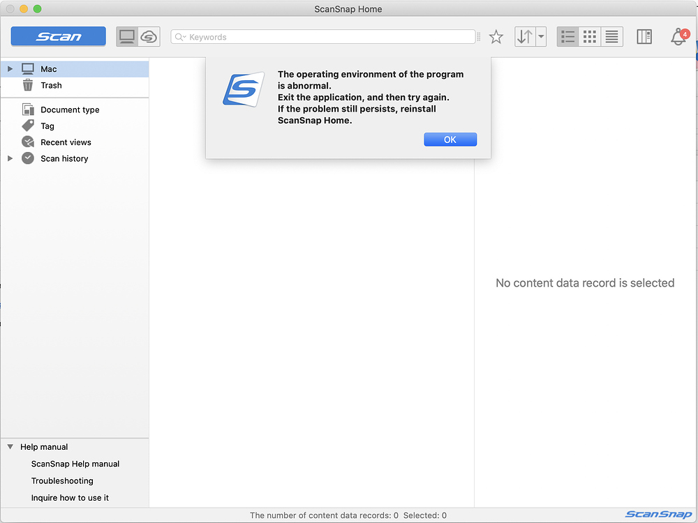 ScanSnap S1300i failed update of ScanSnap Home after updating MacOS to