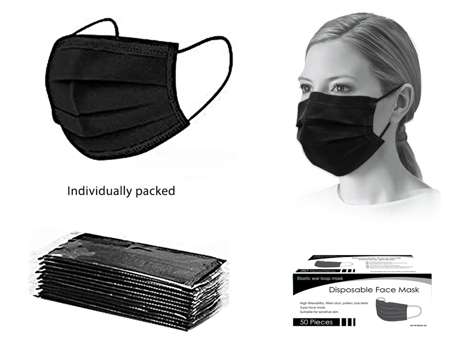 Bodico 3Ply Disposable Mask Individually Wrapped Black 50 per box