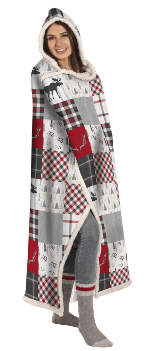 Cabin Patchwork Printed Flannel Hooded Throw with Sherpa Reverse 48