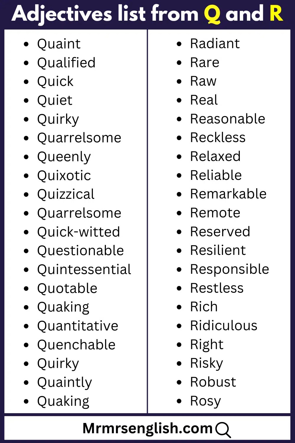 Adjectives list from A to Z 500 Daily use of Adjectives in English