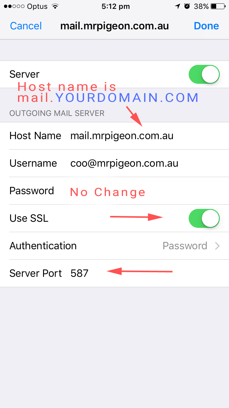 Updating and outgoing servers in iPhone Mr Pigeon