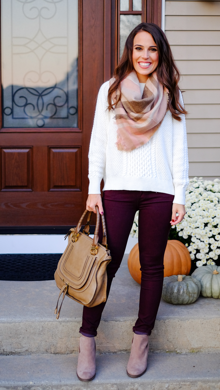 Fall Outfit Plaid Scarf + Burgundy Pants MrsCasual