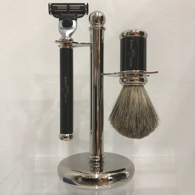 Edwin Jagger M3 Razor 3pc Set carbon Fiber Chrome Nickel Pure Badger