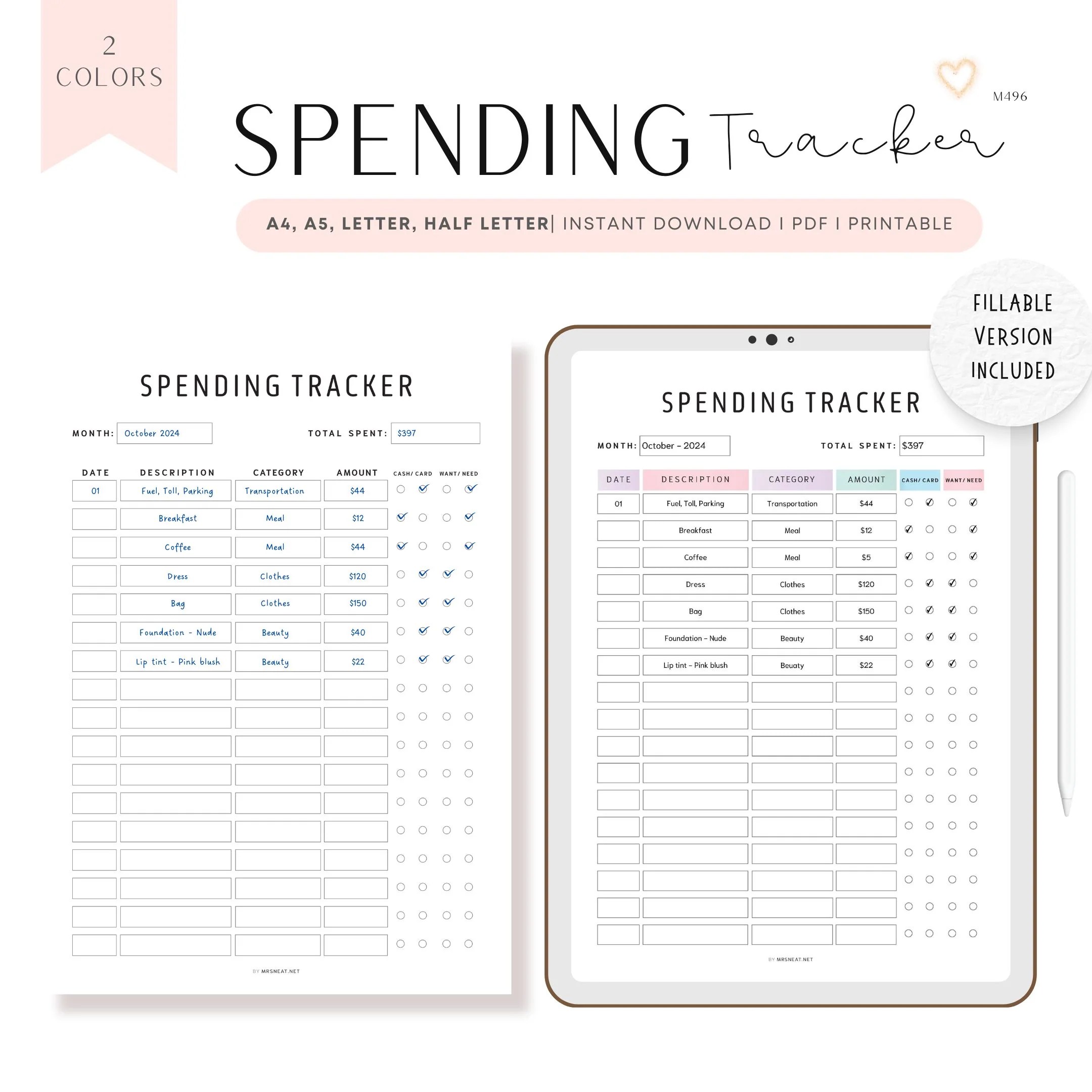 Editable Spending Tracker Printable PDF - M496 – mrsneat
