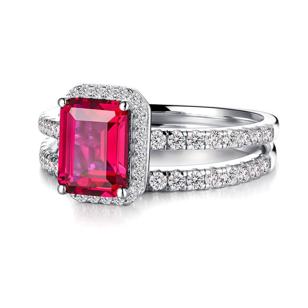 2 CT. Emerald Cut Lab Grown Ruby Engagement Ring Bridal Set MSBLUE