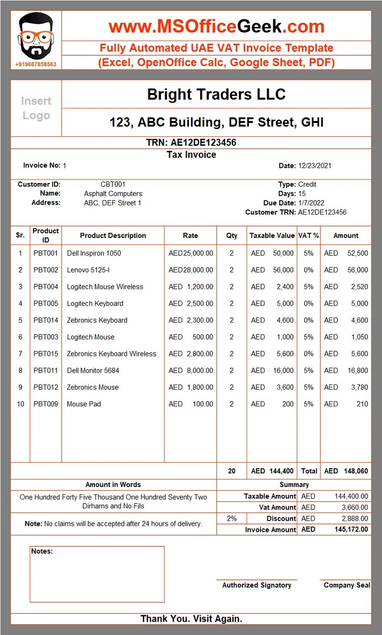 Fully Automated UAE VAT Invoice Template MSOfficeGeek